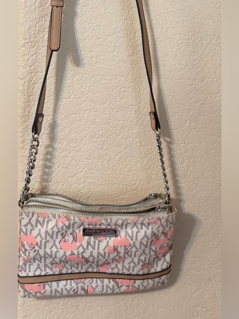 Jones New York Pink Floral Logo Crossbody Bag with Gold Plate